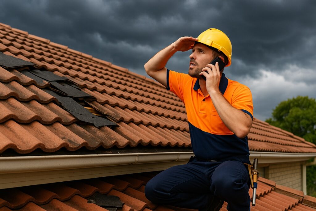 Professional roofer inspecting storm-damaged roof